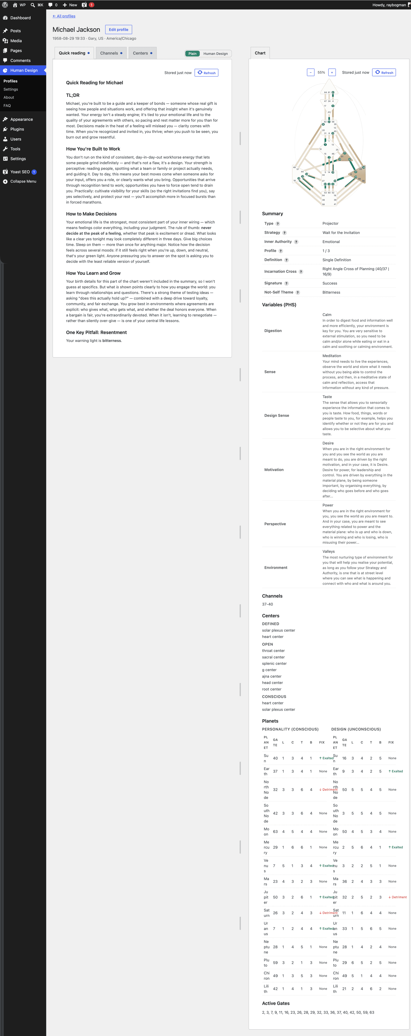 A client profile in the reloom WordPress plugin: the Human Design reading on the left, the Bodygraph chart pinned on the right