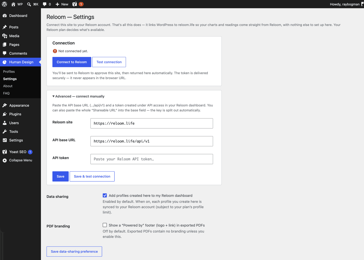 The plugin Settings screen with the one-click Connect button