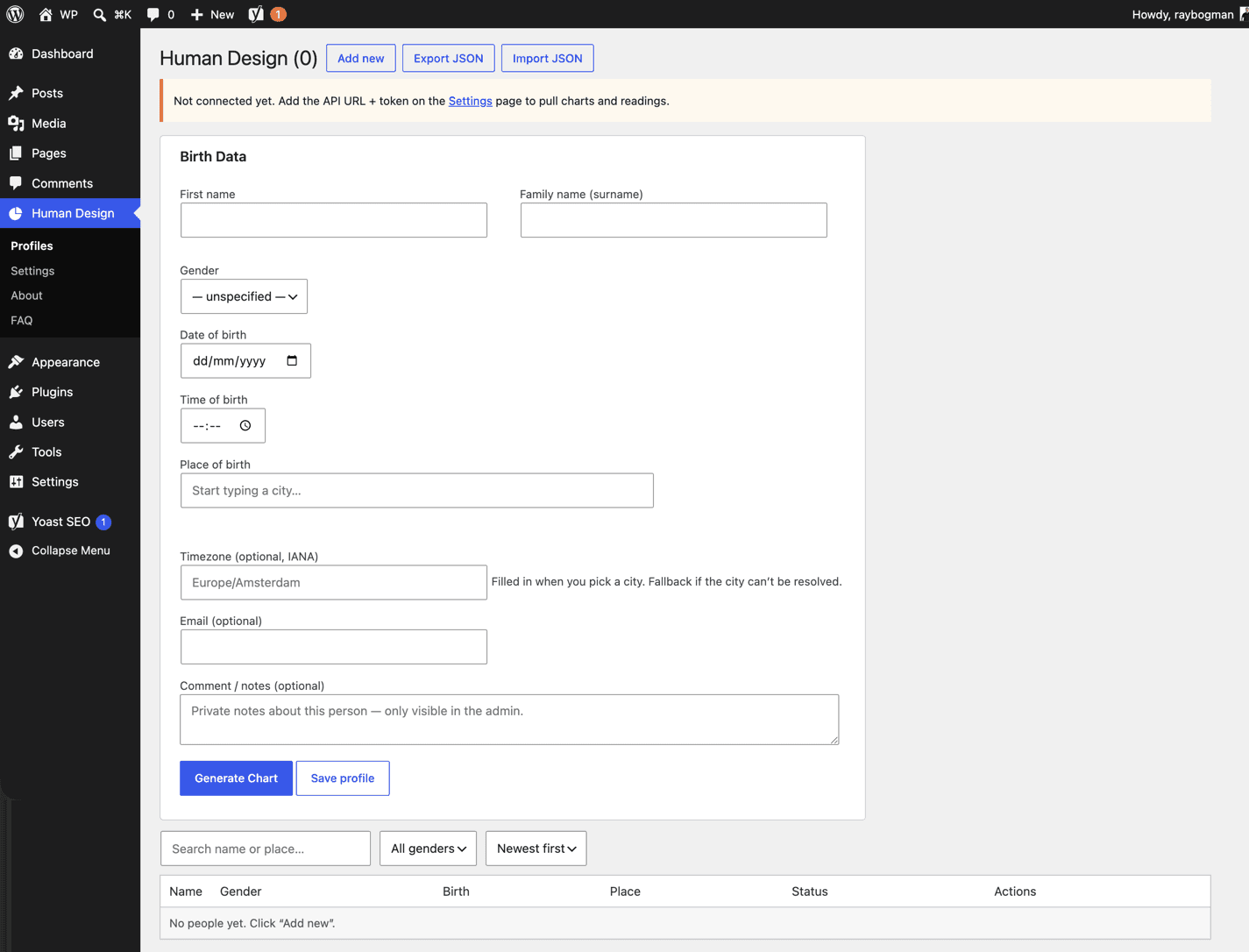 The Birth Data form for adding a person, with place of birth lookup